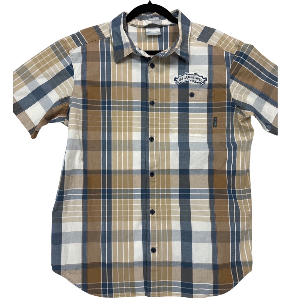 Columbia‎ Mens Sierra Nevada Plaid Short Sleeve Button Up Shirt Brown Blue Large